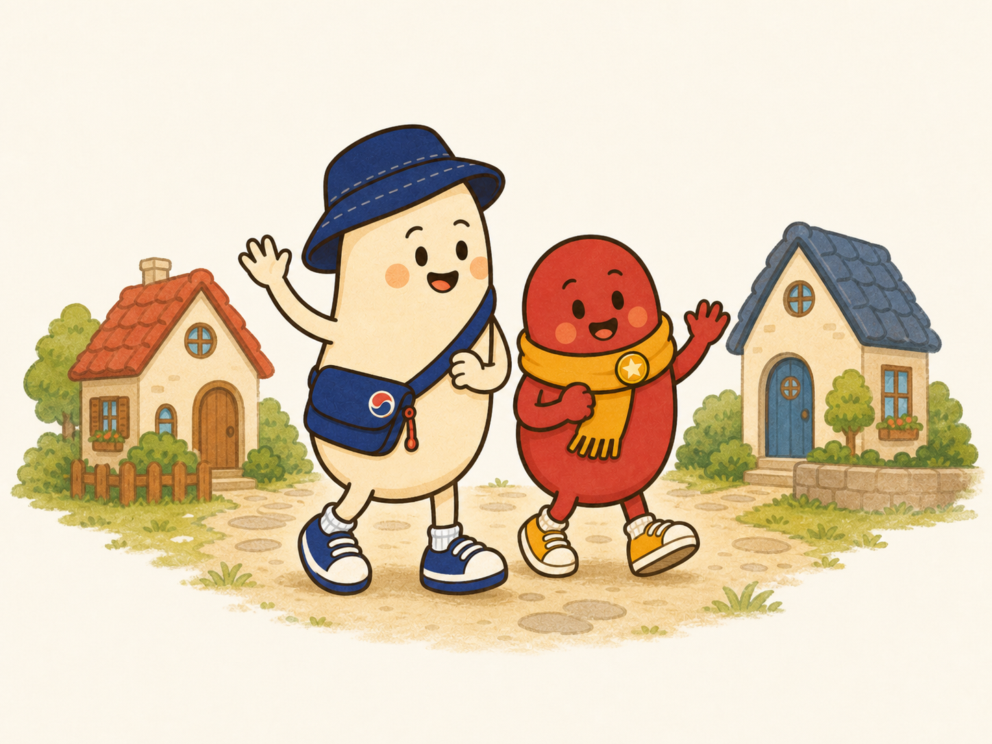 모자를 쓴 크림색 캐릭터와 노란 목도리를 두른 빨간 캐릭터가 동네에서 손을 흔들며 반겨요.